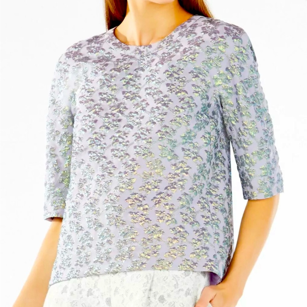New NWT BCBGMAXAZRIA BCBG Lilac Rowan Metallic Cloque Swing Blouse Top L $298